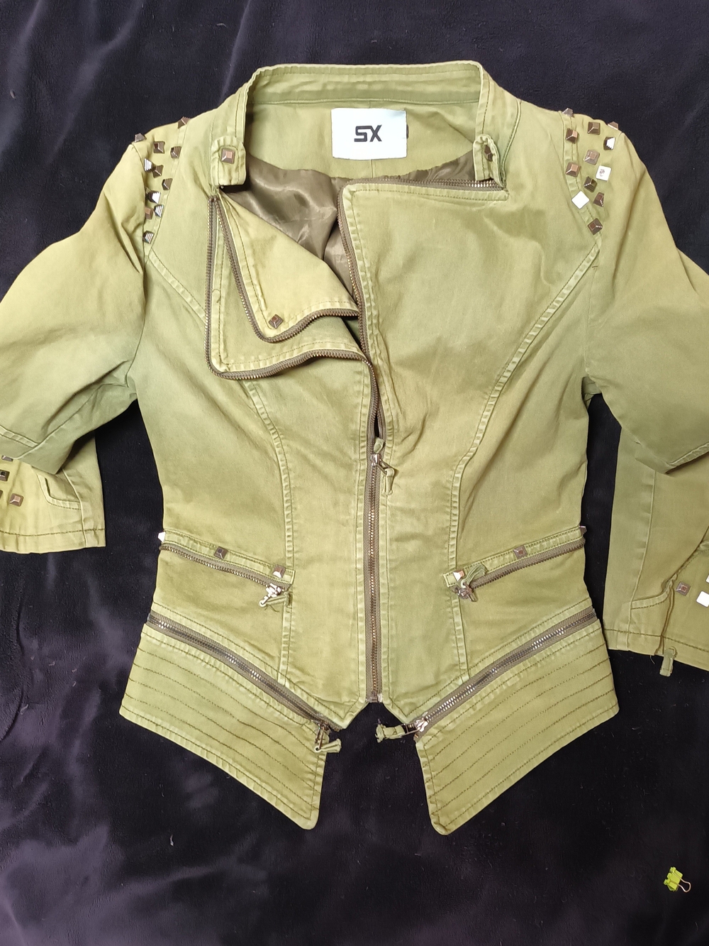 Olive Green Studded Moto Jacket for Women